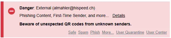 Red Inky banner: Danger, Phishing Content and First-Time Sender