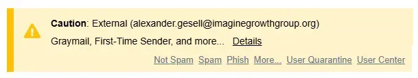 Yellow Inky banner: Caution, Graymail and First-Time Sender
